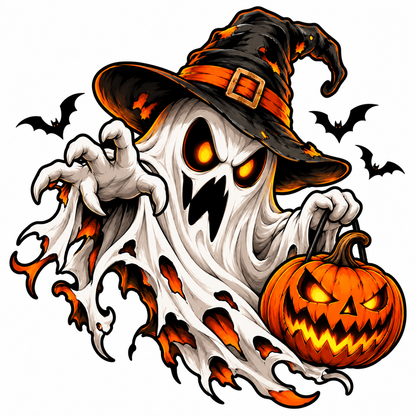 Sticker Halloween Fantomă Malefică cu Dovleac și Lilieci – Trick or Treat