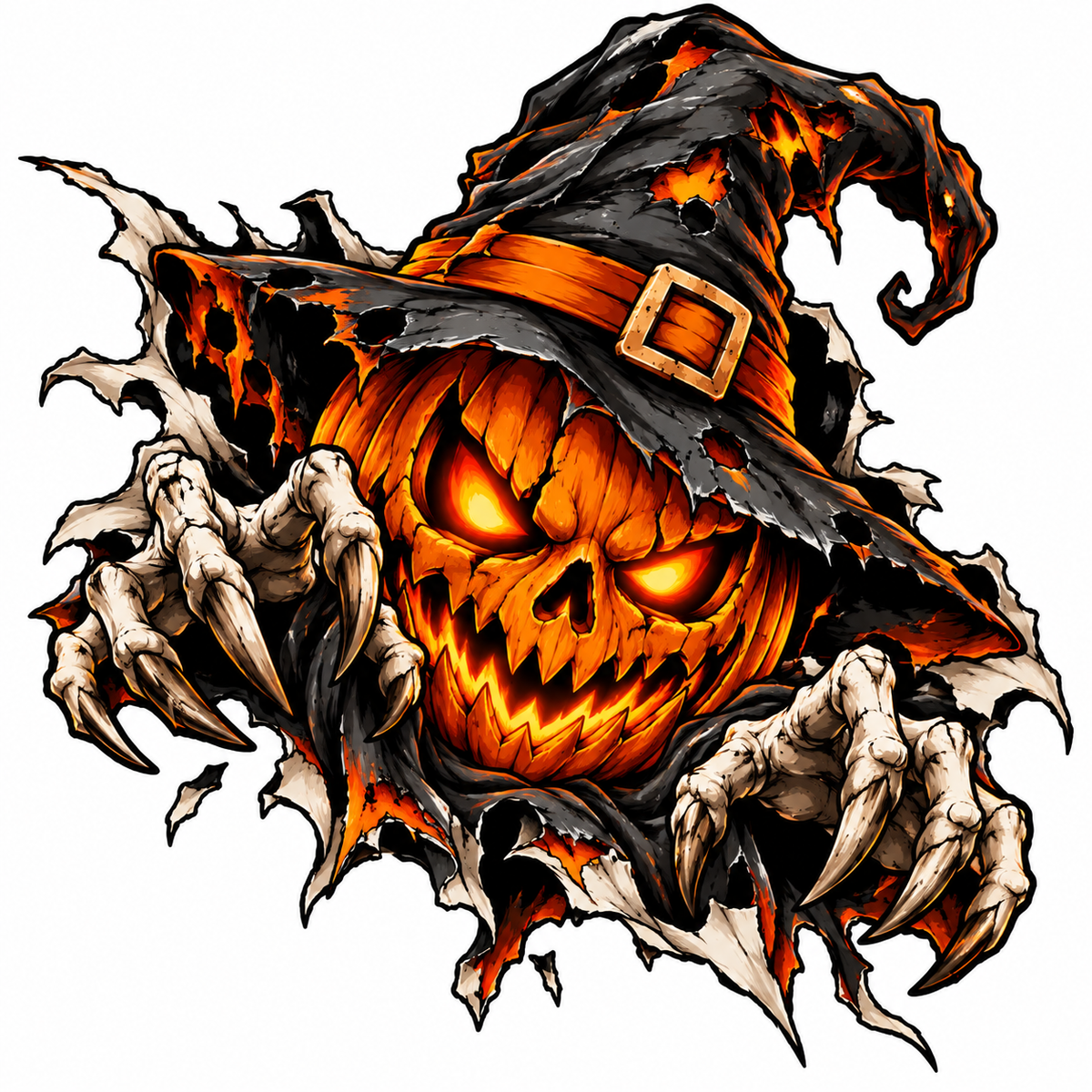 Sticker Halloween Dovleac Malefic – Monstru cu Gheare și Pălărie de Vrăjitoare