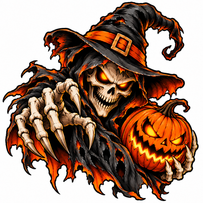 Sticker Halloween Moartea cu Dovleac – Craniu Malefic cu Ochi de Foc