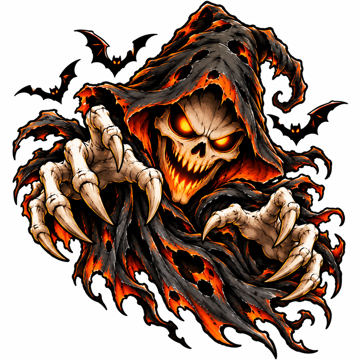 Sticker Halloween Moartea Malefică – Craniu cu Gheare și Lilieci