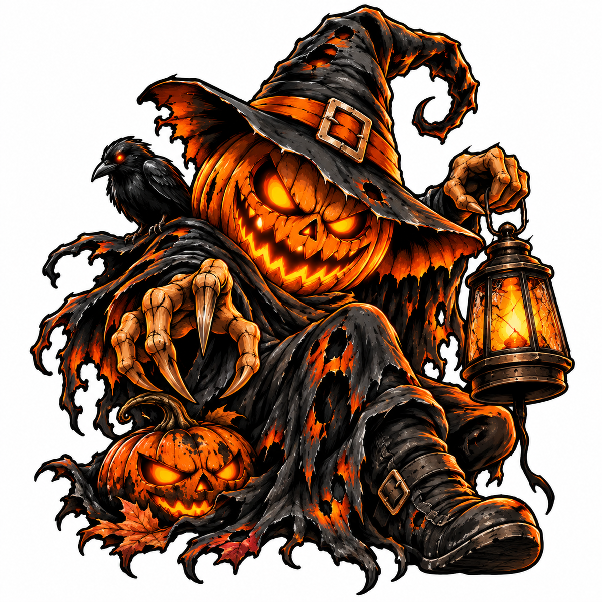 Sticker Halloween Dovleac Vrăjitor cu Felinar și Corb – Jack O’ Lantern Malefic