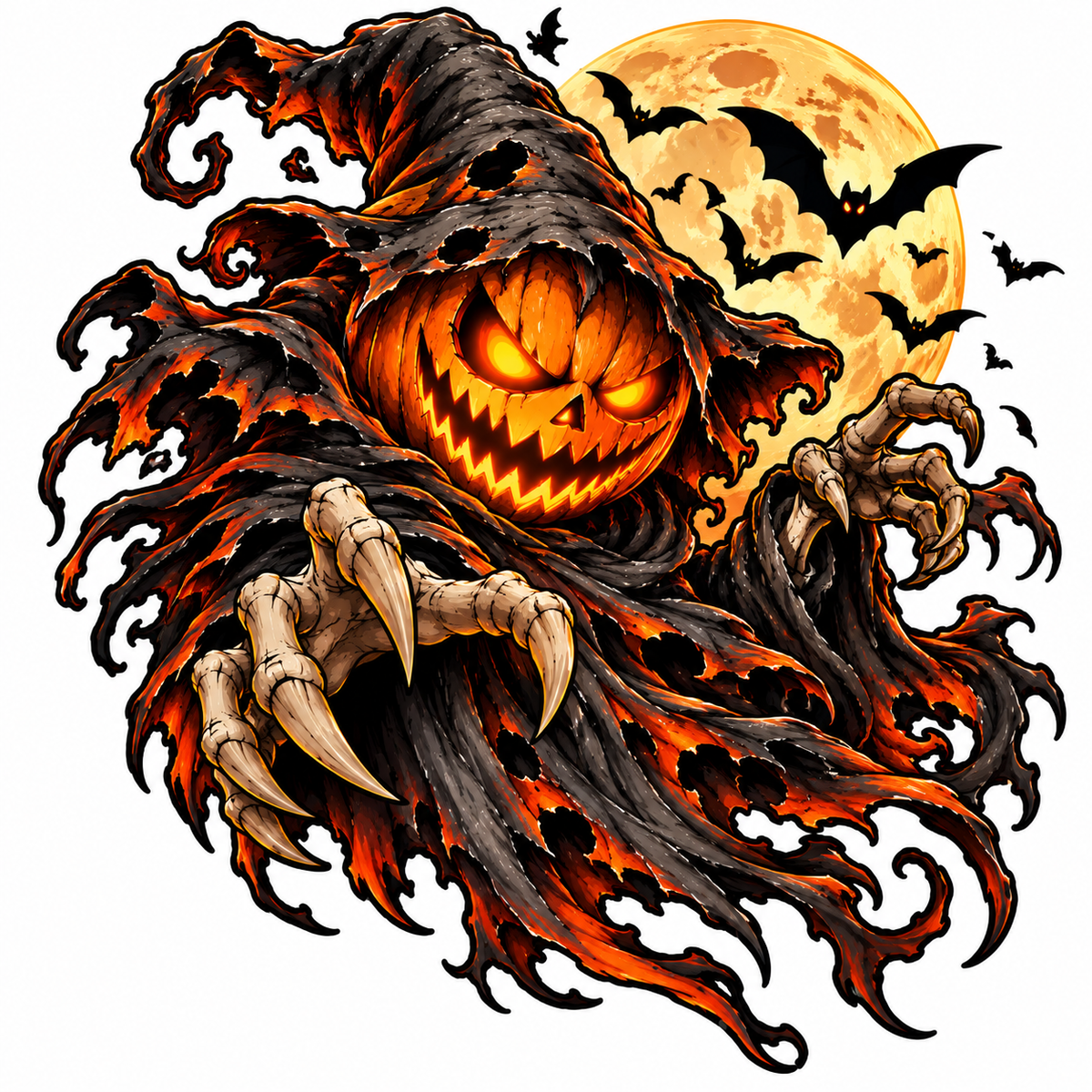 Sticker Halloween Dovleac Fantomă cu Lună Plină și Lilieci – Jack O’ Lantern Malefic