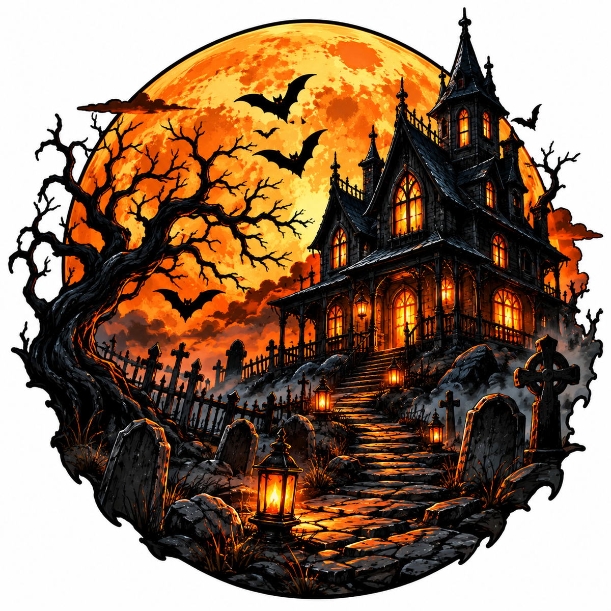 Sticker Halloween Casă Bântuită cu Cimitir, Lună Plină și Lilieci