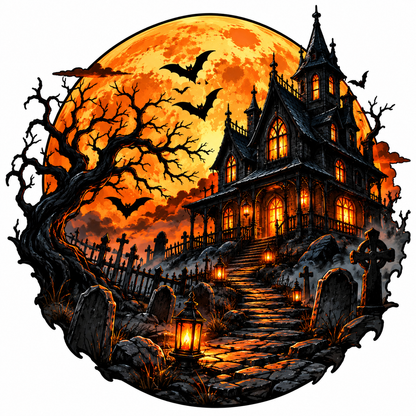 Sticker Halloween Casă Bântuită cu Cimitir, Lună Plină și Lilieci