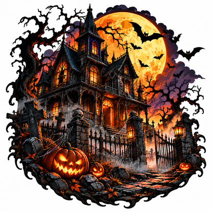Sticker Halloween Conac Bântuit cu Dovleci, Cimitir și Lună Plină