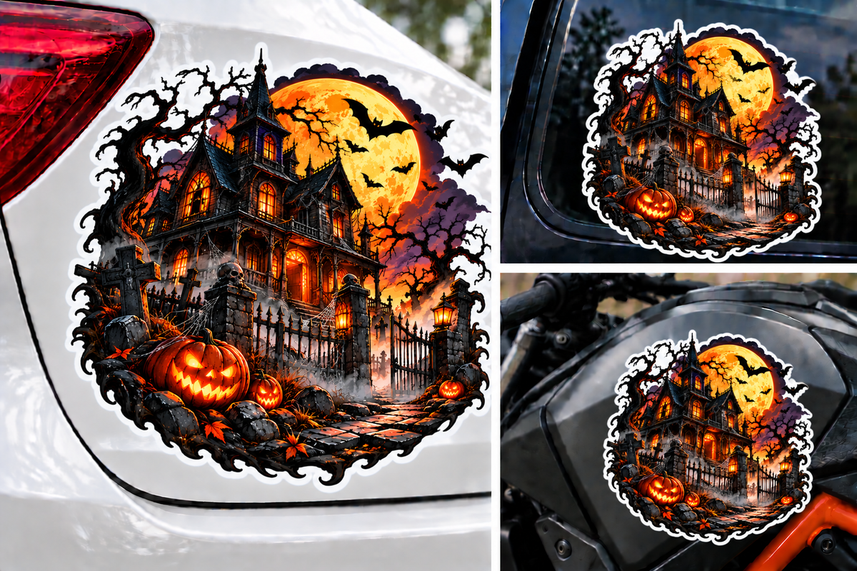 Sticker Halloween Conac Bântuit cu Dovleci, Cimitir și Lună Plină