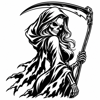 Sticker Doamna cu Coasa – Grim Reaper Femeie, Craniu Gothic
