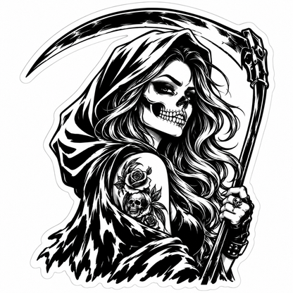 Sticker Doamna cu Coasa – Grim Reaper Gothic cu Trandafiri și Craniu