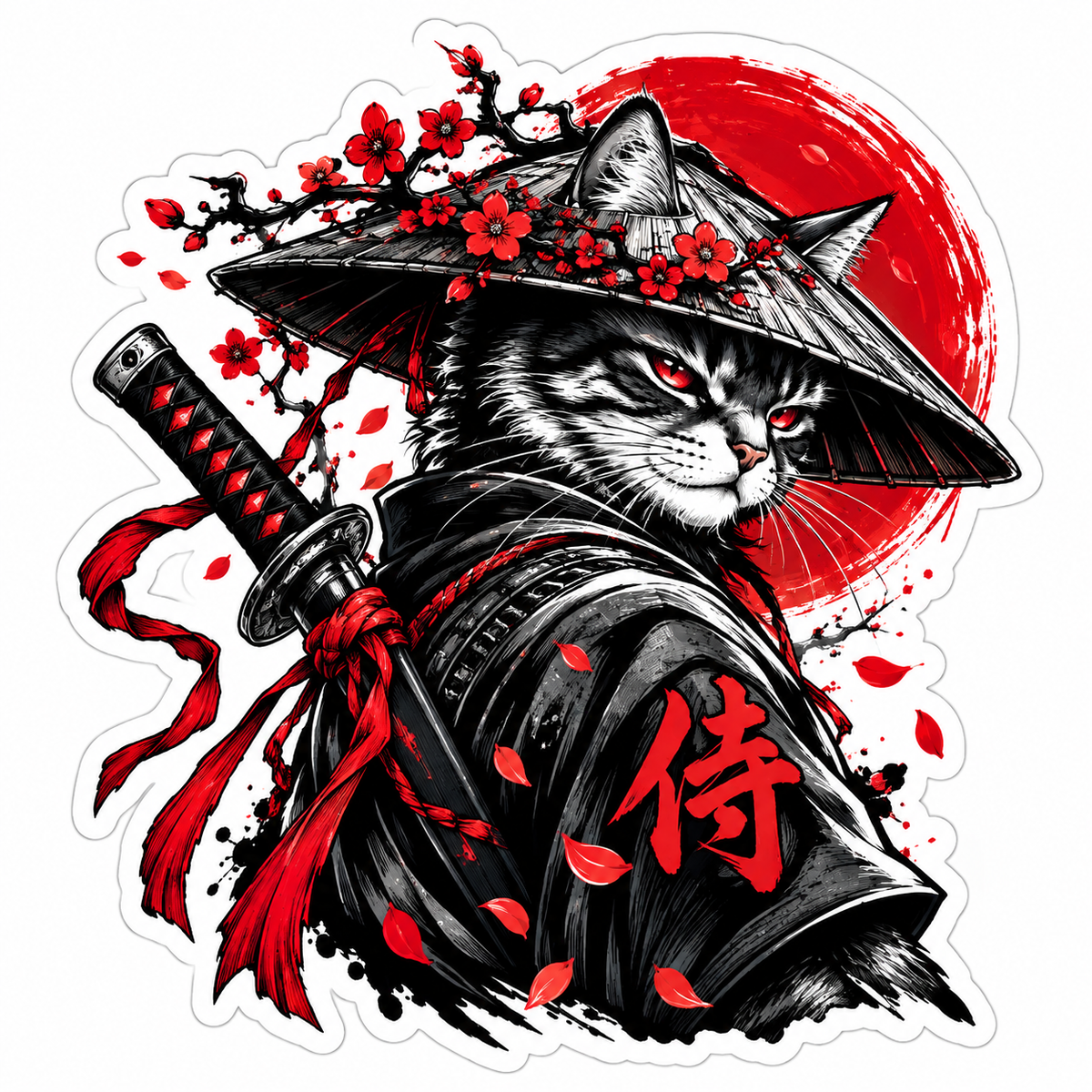 Sticker Pisică Samurai Japoneză – Katana, Soare Roșu și Flori de Cireș
