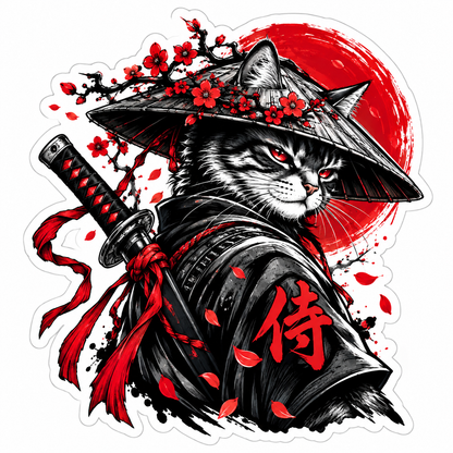 Sticker Pisică Samurai Japoneză – Katana, Soare Roșu și Flori de Cireș