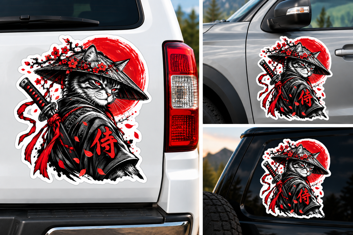 Sticker Pisică Samurai Japoneză – Katana, Soare Roșu și Flori de Cireș