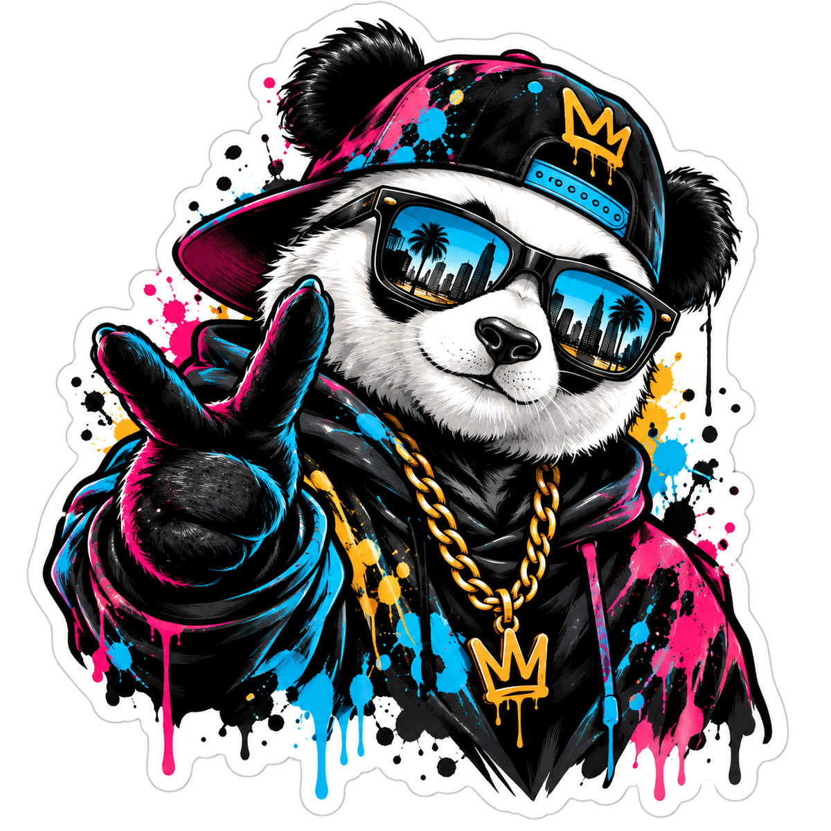 Sticker Panda Gangster – Street Art Graffiti cu Ochelari și Lanț Auriu