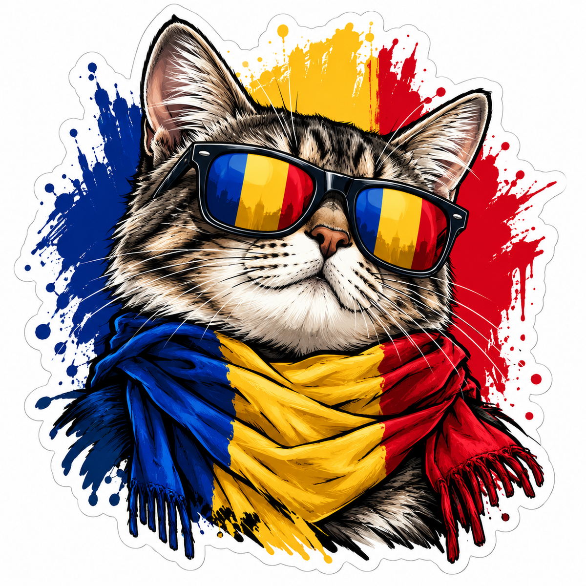 Sticker Pisică România – Tricolor Românesc cu Ochelari de Soare