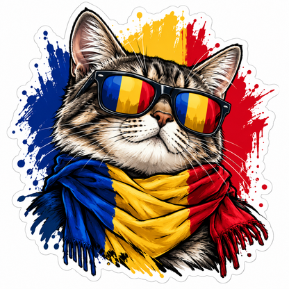 Sticker Pisică România – Tricolor Românesc cu Ochelari de Soare