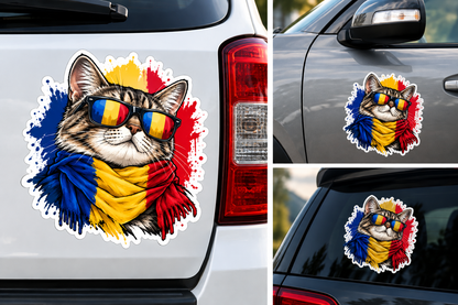 Sticker Pisică România – Tricolor Românesc cu Ochelari de Soare