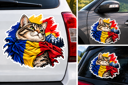 Sticker Pisică România – Tricolor Românesc cu Munți și Peisaj