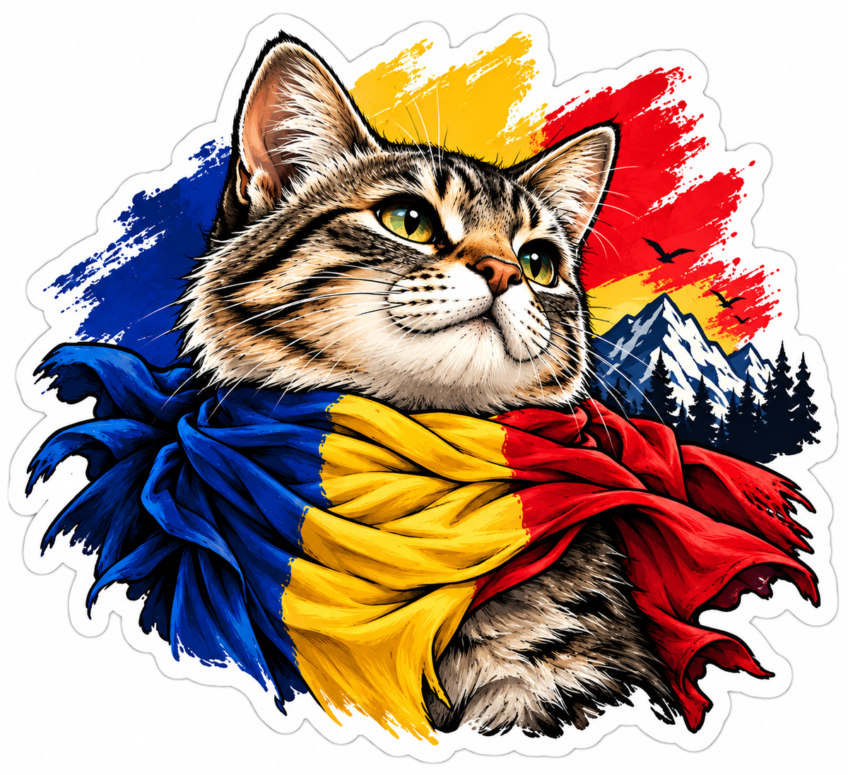 Sticker Pisică România – Tricolor Românesc cu Munți și Peisaj