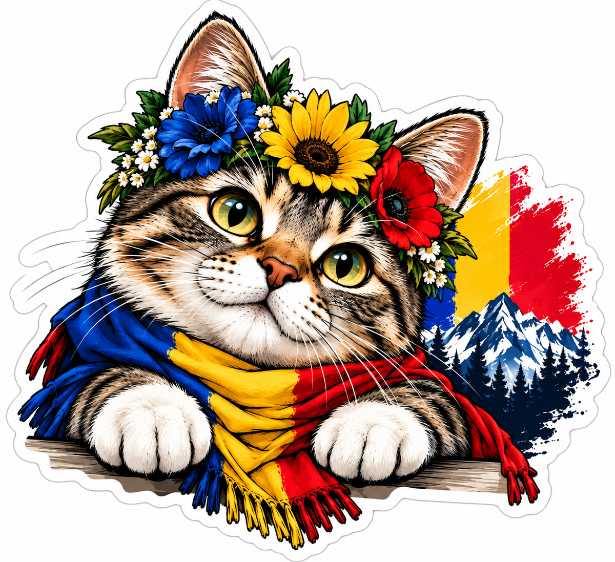 Sticker Pisică România – Tricolor, Flori și Munții Carpați