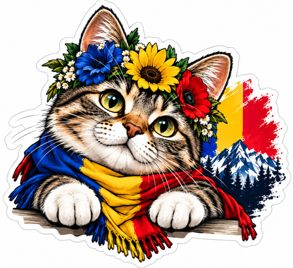 Sticker Pisică România – Tricolor, Flori și Munții Carpați