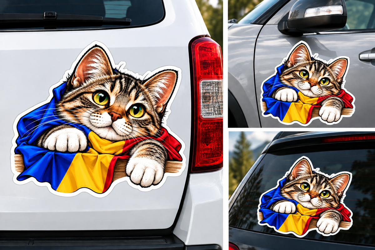 Sticker Pisicuță România – Tricolor Românesc Albastru Galben Roșu