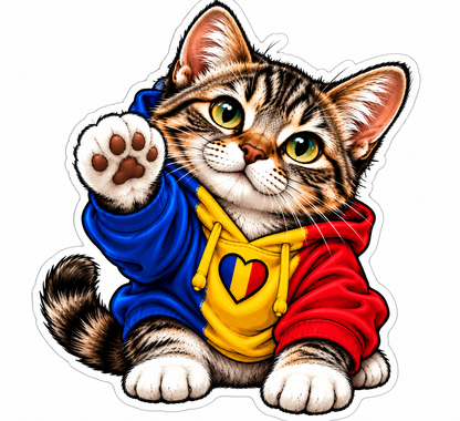 Sticker Pisicuță România – Hanorac Tricolor cu Inimă România