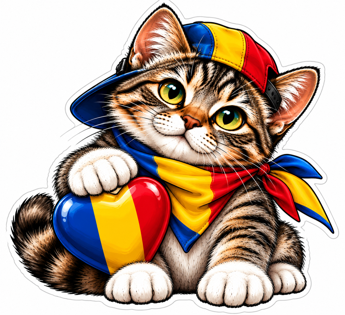Sticker Pisicuță România – Inimă Tricolor și Șapcă România