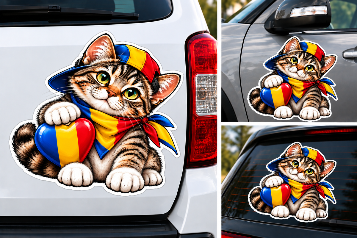 Sticker Pisicuță România – Inimă Tricolor și Șapcă România