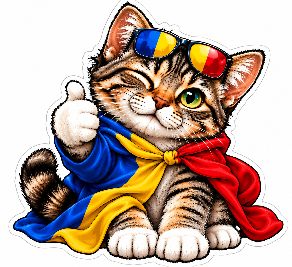 Sticker Pisicuță România – Tricolor Românesc, Ochelari și Like