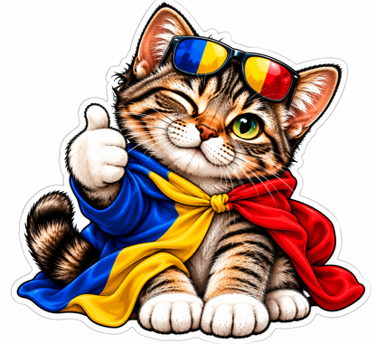 Sticker Pisicuță România – Tricolor Românesc, Ochelari și Like