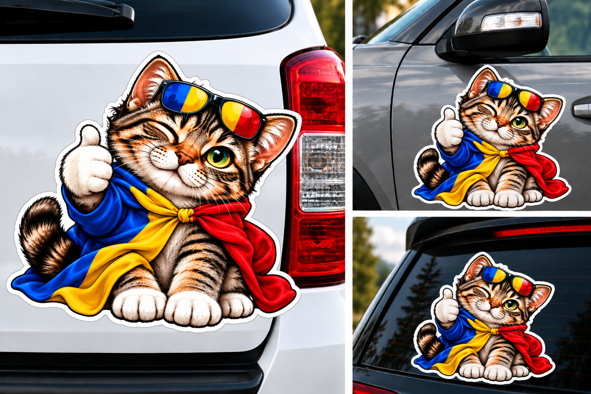 Sticker Pisicuță România – Tricolor Românesc, Ochelari și Like