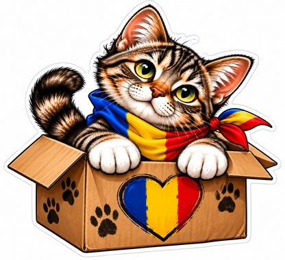 Sticker Pisicuță România în Cutie – Inimă Tricolor și Lăbuțe