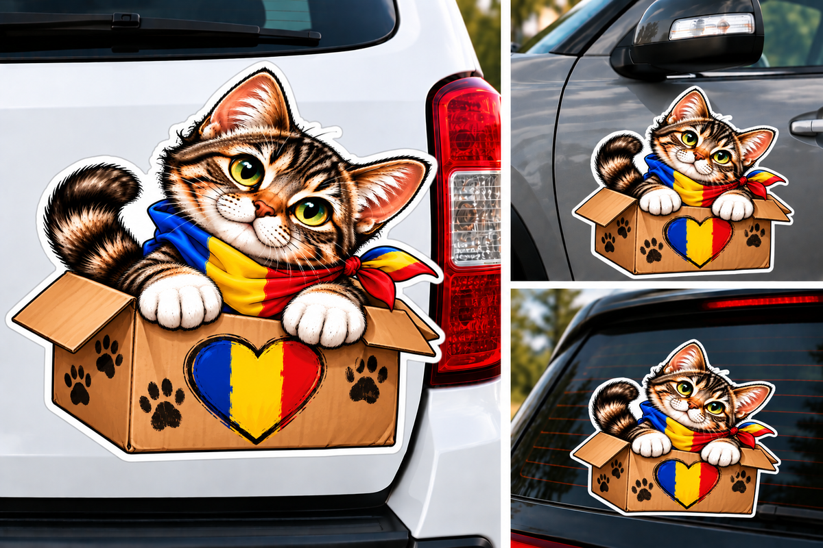 Sticker Pisicuță România în Cutie – Inimă Tricolor și Lăbuțe