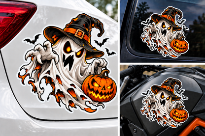 Sticker Halloween Fantomă Malefică cu Dovleac și Lilieci – Trick or Treat