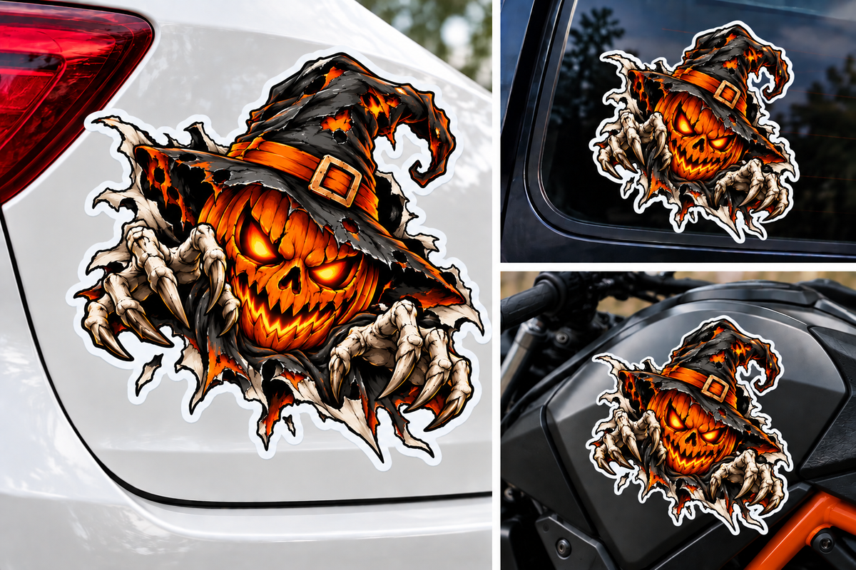 Sticker Halloween Dovleac Malefic – Monstru cu Gheare și Pălărie de Vrăjitoare