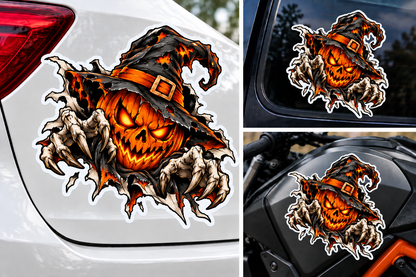 Sticker Halloween Dovleac Malefic – Monstru cu Gheare și Pălărie de Vrăjitoare