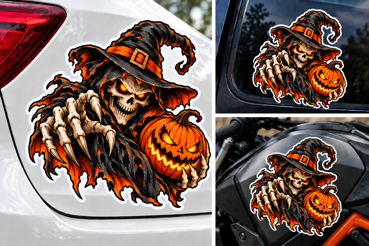 Sticker Halloween Moartea cu Dovleac – Craniu Malefic cu Ochi de Foc