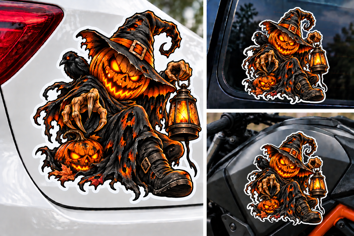 Sticker Halloween Dovleac Vrăjitor cu Felinar și Corb – Jack O’ Lantern Malefic