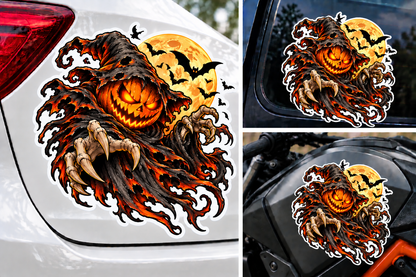 Sticker Halloween Dovleac Fantomă cu Lună Plină și Lilieci – Jack O’ Lantern Malefic