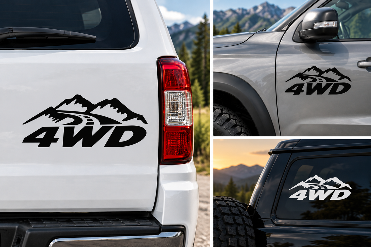 Set 2 Stickere 4WD Off-Road – Munți și Drum, Auto 4x4