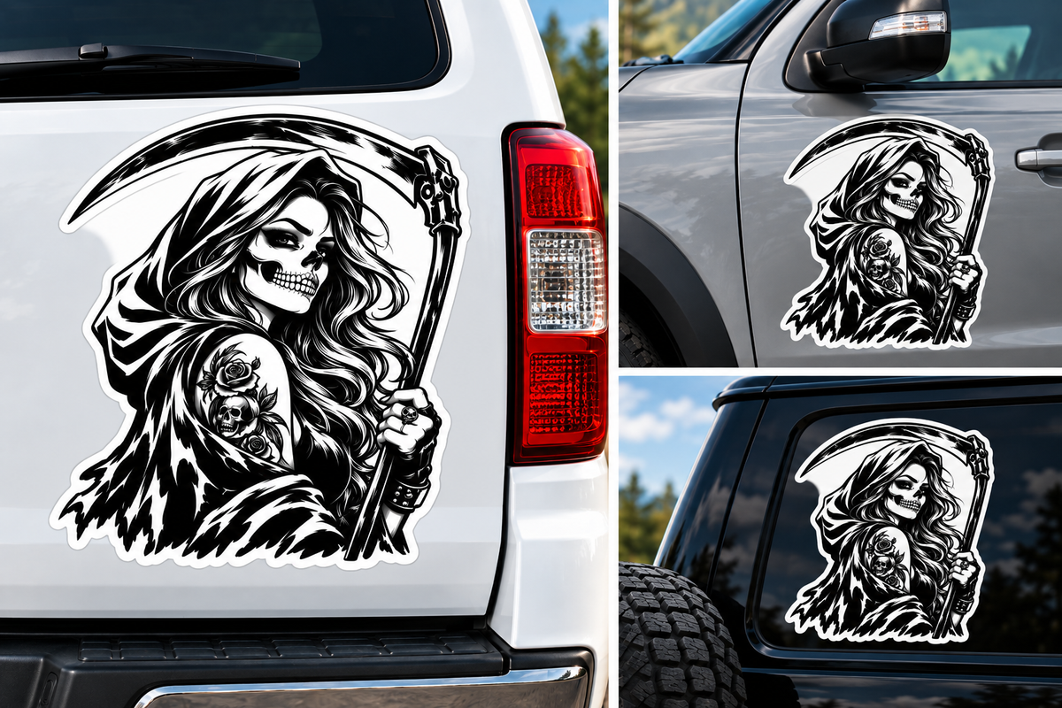 Sticker Doamna cu Coasa – Grim Reaper Gothic cu Trandafiri și Craniu