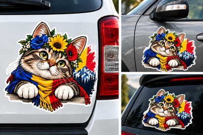 Sticker Pisică România – Tricolor, Flori și Munții Carpați