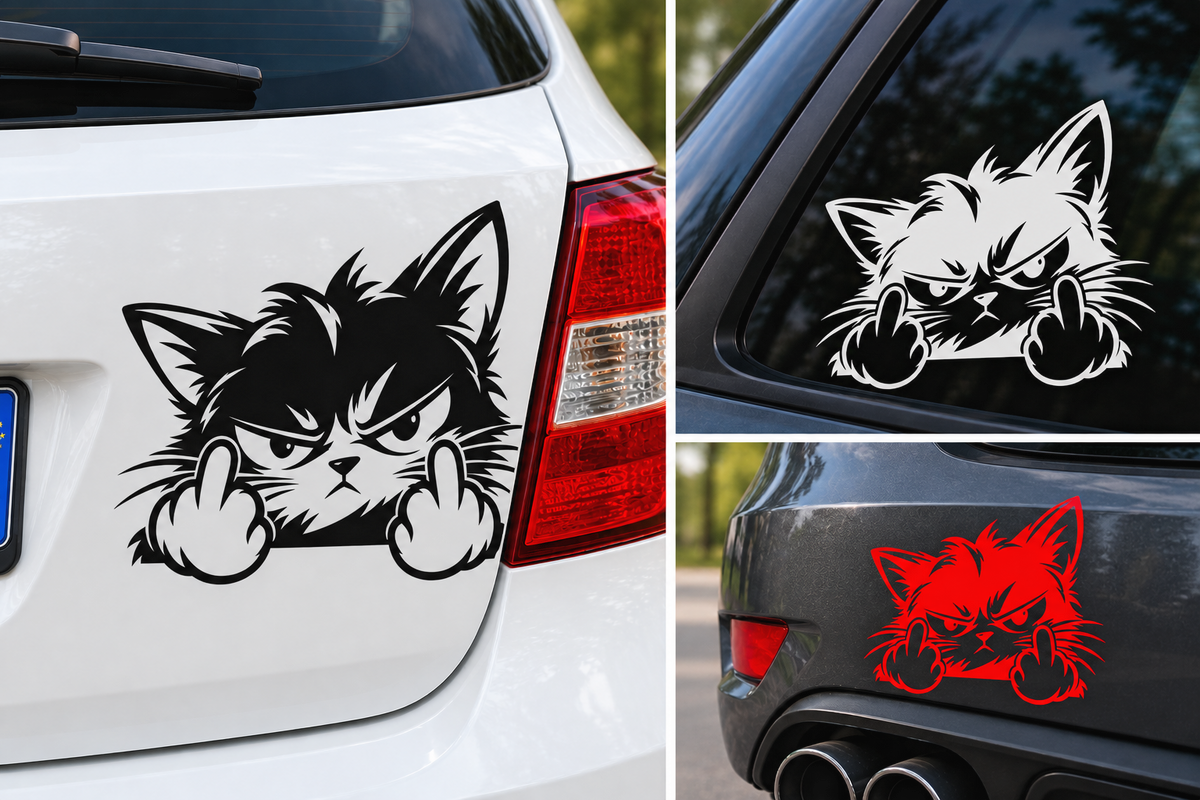 Sticker Auto Pisică Nervoasă – Middle Finger Cat – Funny JDM 16cm