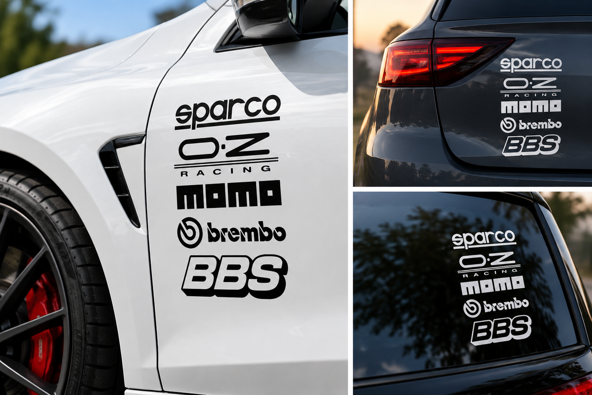 Set de 2 seturi Stickere Auto Racing – Sparco, O.Z Racing, Momo, Brembo și BBS