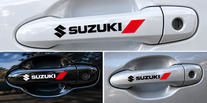 Set 4 Stickere Mânere Suzuki – Logo + Accent Roșu Racing, 12,5 × 2cm
