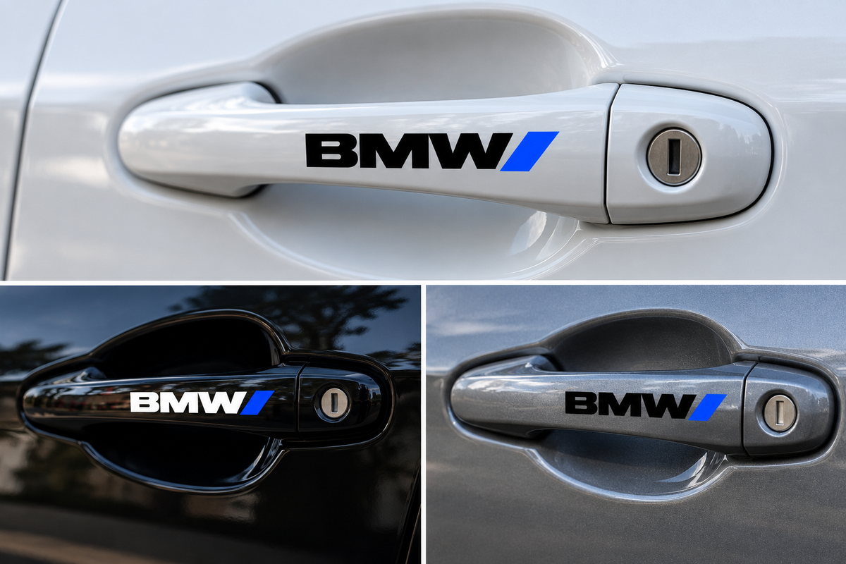 Set 4 Stickere Mânere BMW – Logo + Accent Albastru Racing, 12.5x2cm