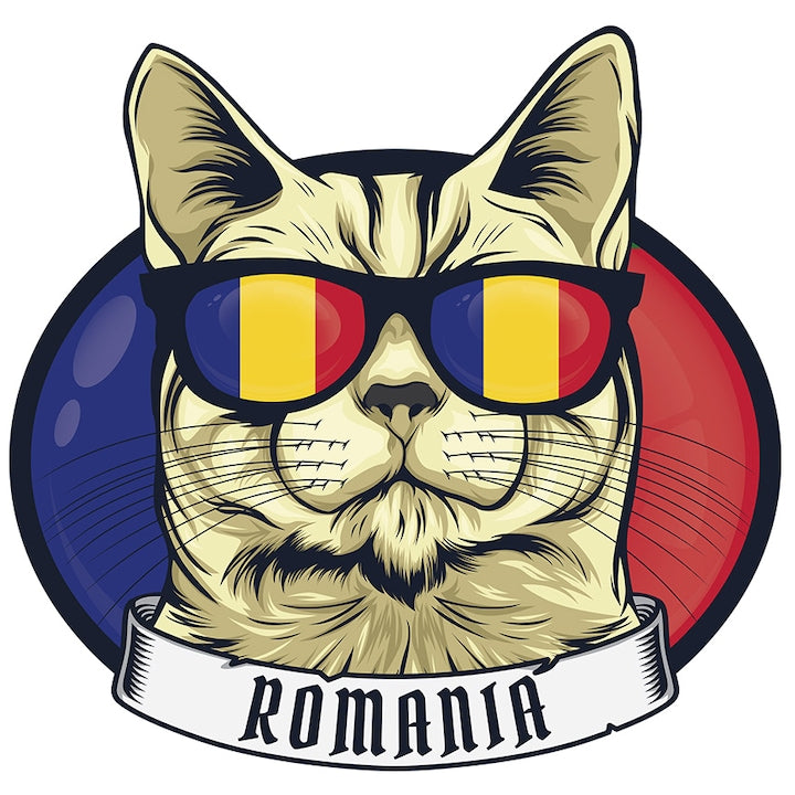Sticker cu pisica cu mesajul "Romania", ochelari cu culorile steagului Romaniei, ilustratie, tricolor