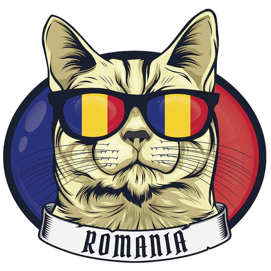 Sticker cu pisica cu mesajul "Romania", ochelari cu culorile steagului Romaniei, ilustratie, tricolor