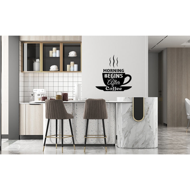 Sticker decorativ pentru perete, Morning begins after coffe