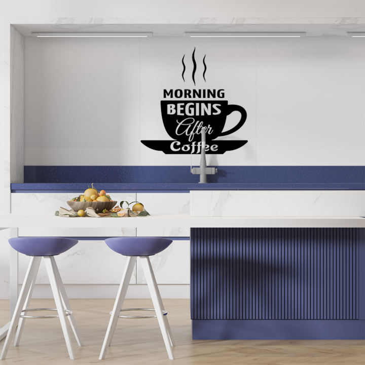 Sticker decorativ pentru perete, Morning begins after coffe