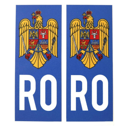 Set 2 stickere autocolante pentru numar inmatriculare, cu stema Romaniei si scris RO